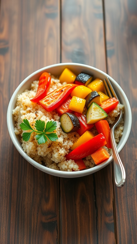 Fluffy quinoa with roasted bell peppers, zucchini, and carrots, garnished with parsley on a rustic wooden table.